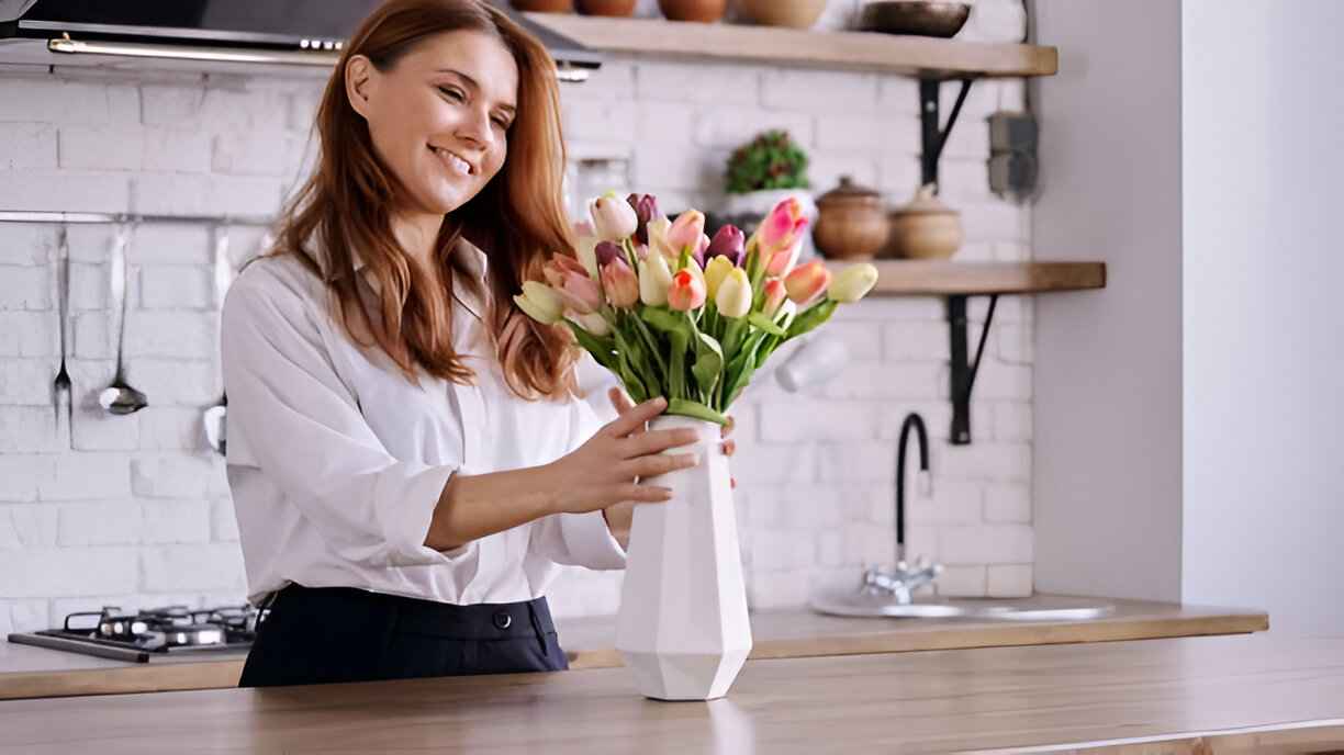 فتاة تعتني بهدية من الزهور الطازجة