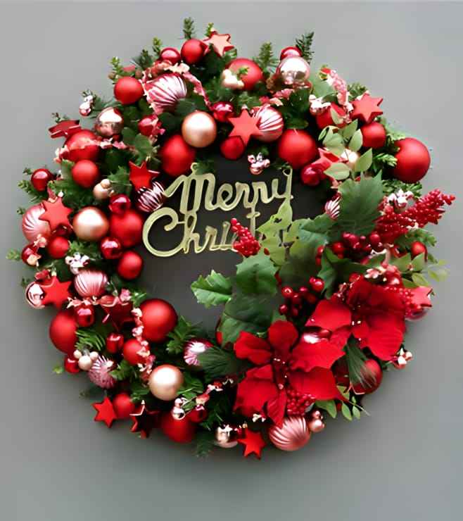 Merry Magnificence wreath with festive decor