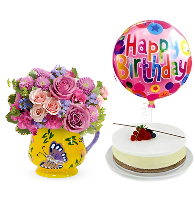 هدية عيد ميلاد حقل الفراشات: زهور، تشيز كيك وبالونات