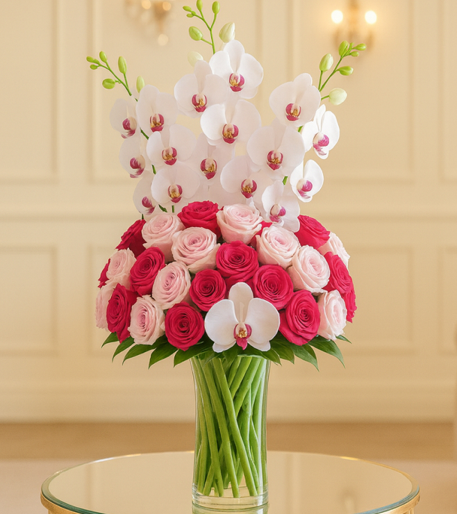 تنسيق زهور الأوركيد والورود الفخم، زهور