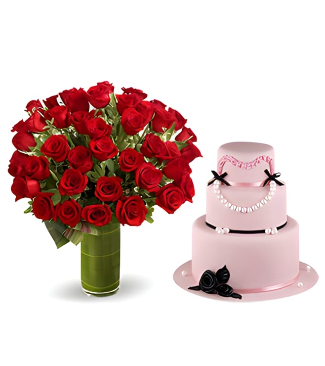 لحظة لا تصدق - 70 وردة حمراء مع كعكة وردية أنيقة
