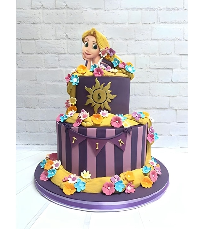 كعكة متدرجة بضفائر رابونزيل وأزهار، كعكات