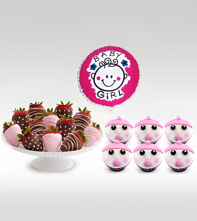 باقة الفرح الوردية: دزينة من الفراولة والكب كيك والبالونات