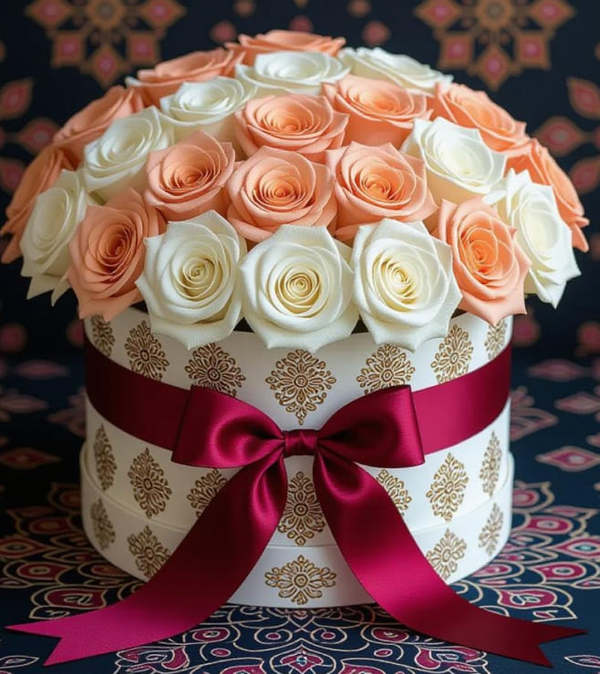 صندوق قبعات بزهور الخوخ والكريمة، زهور