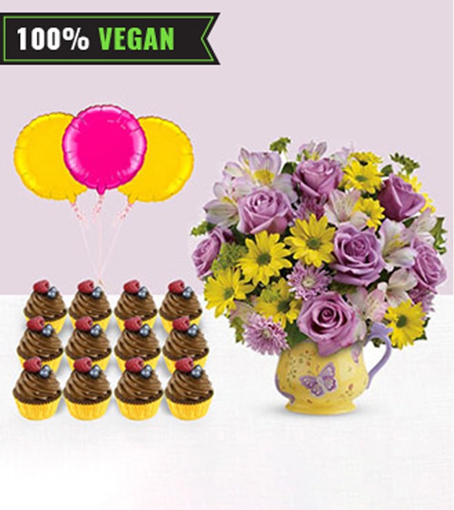 Make Them Smile - Butterflies Bouquet, 6 Vegan Cupcakes, 3 Balloons, Get Well