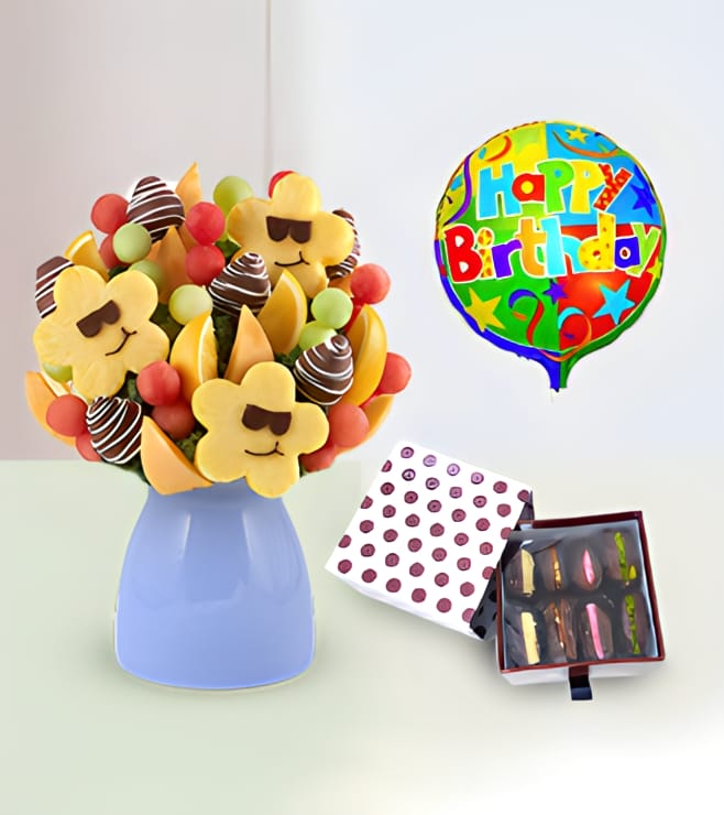 Sizzling Sweet Fruit Bouquet with Dates Delights Box and Birthday Balloon, Dates & Sweets