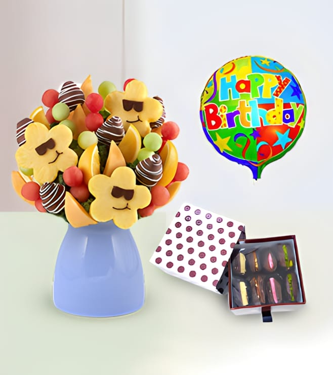 Sizzling Sweet Fruit Bouquet with Dates Delights Box and Birthday Balloon