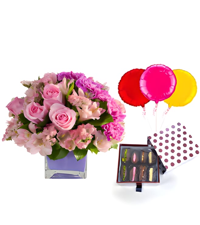 Beautiful Day Bouquet with Dates Delight Box and Balloons