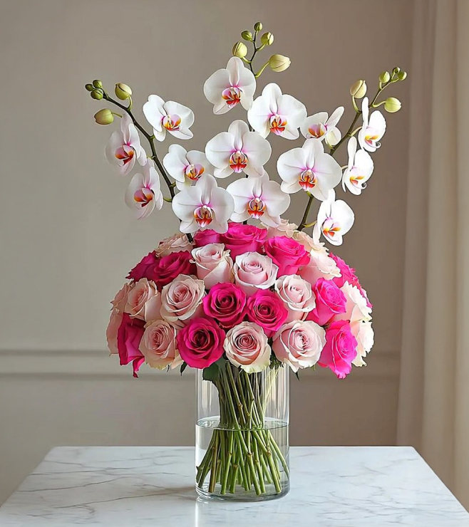 Opulent Rose Orchid Arrangement