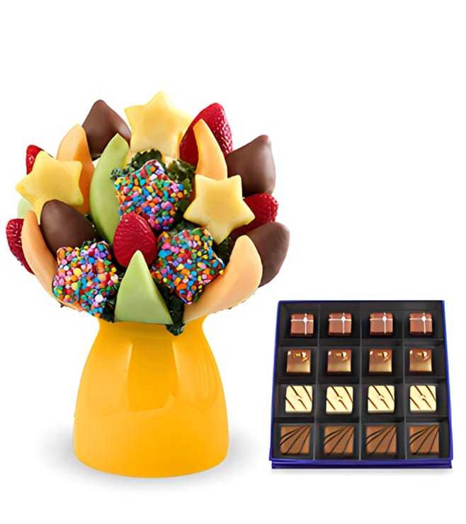 Scrumptious Surprise Fruit Bouquet with Guilty Pleasures Chocolate Box, Thank You