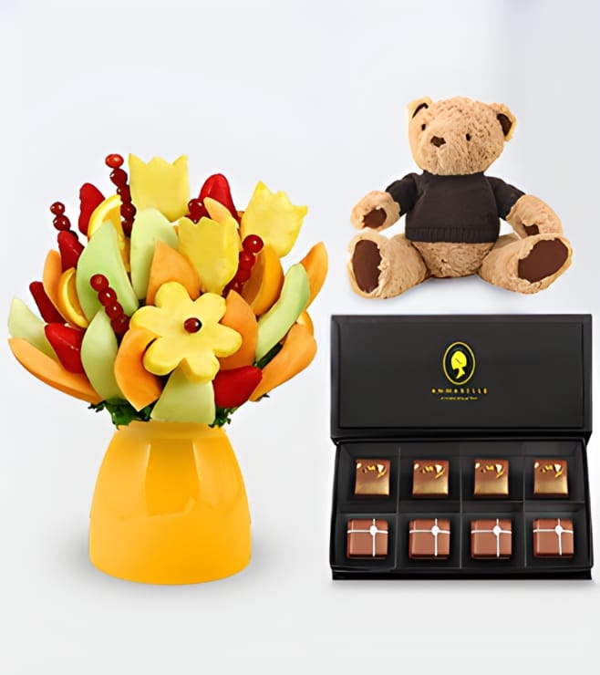 It's Your Day Fruit Bouquet with The Coveted Chocolate Box & Teddy Bear