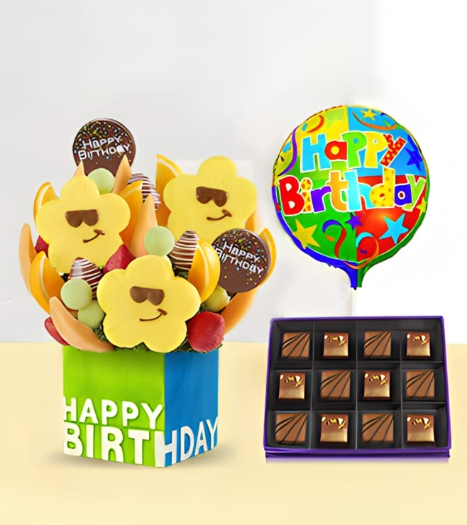 Birthday Treats Fruit Bouquet with Heart of Cocoa Chocolate Box & Birthday Balloo