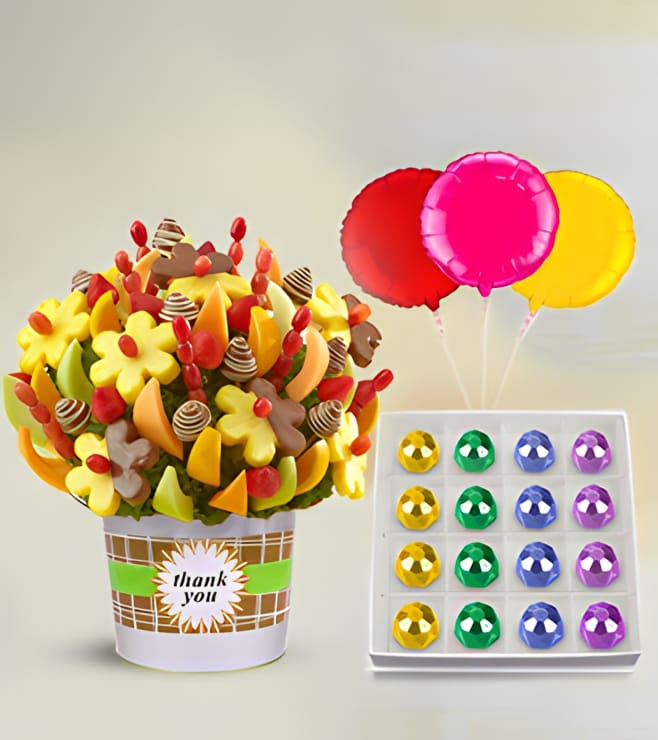 Thank You Fruit Bouquet, Treasured Delicacies Gemstone Chocolates & Balloon Bouquet