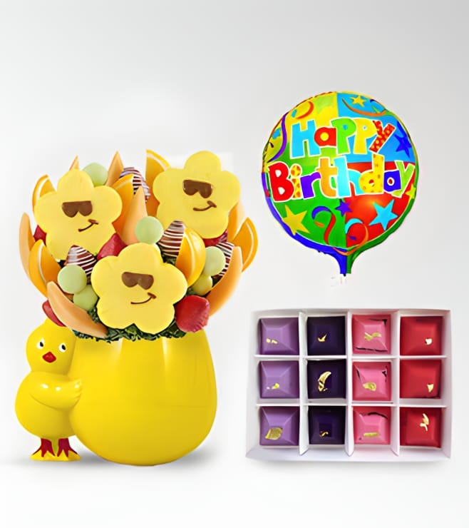 Little Chikadee Fruit Bouquet, Four Seasons Gemstone Chocolates & Birthday Balloon, Black Friday Deals