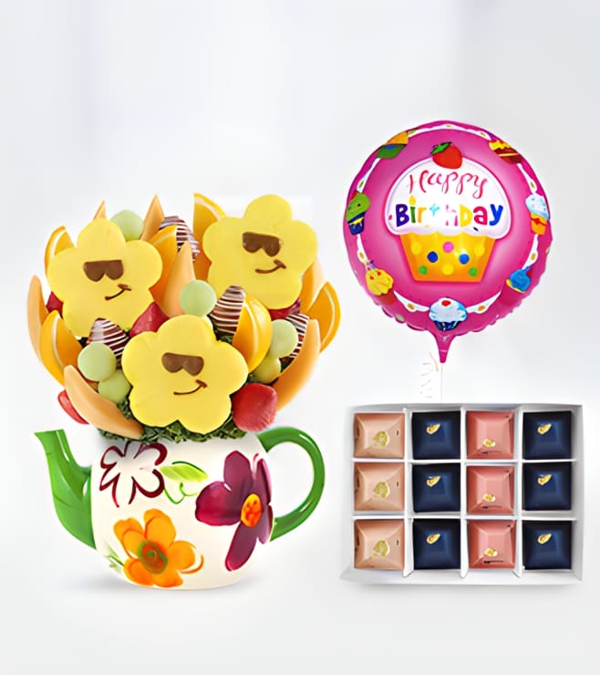 Smiley Teapot Fruit Bouquet, Gourmet Gratitude Chocolates & Birthday Balloon