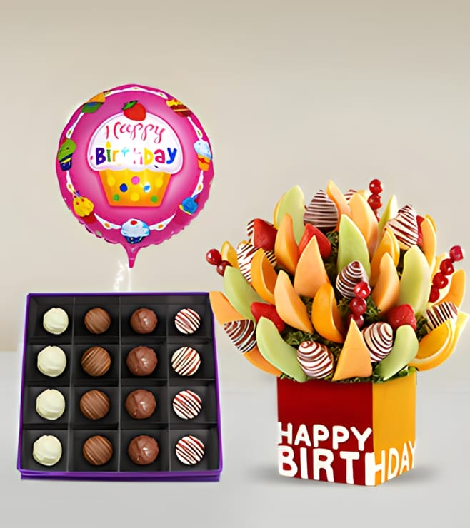 Birthday Fruit Bouquet, Imperial Truffles Box & Birthday Balloon