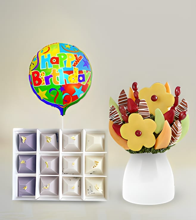 Dashing Daisies Fruit Bouquet, Artisanal Excellence Chocolates & Birthday Balloon