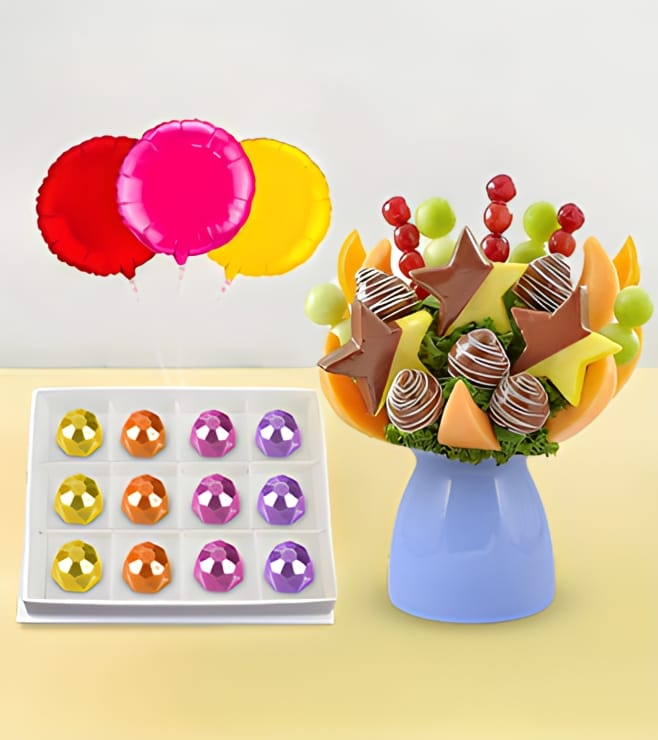 Beautiful Day Fruit Bouquet, Ornate Gemstones Chocolate Box & Balloon Bouquet