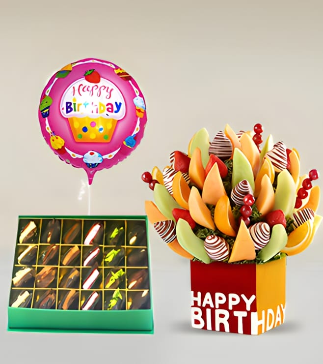 Birthday Fruit Bouquet with Assorted Dates Box with Balloon, Dates & Sweets