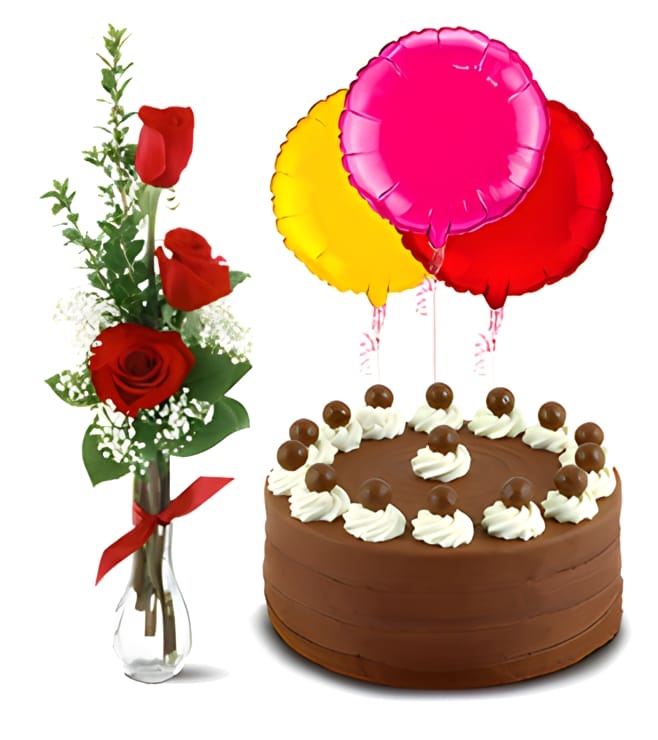 Birthday Surprise Collection : Signature Chocolate Cake, 3 Red Roses, 1-Hour Gift Delivery