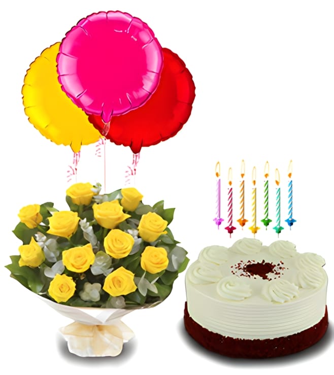 Birthday Surprise Collection : Red Velvet Dream Cake, Dozen Yellow Rose Bouquet