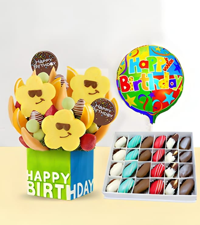 Birthday Treats Fruit Bouquet with Decadent Dipped Dates Box & Birthday Balloon, Dates & Sweets