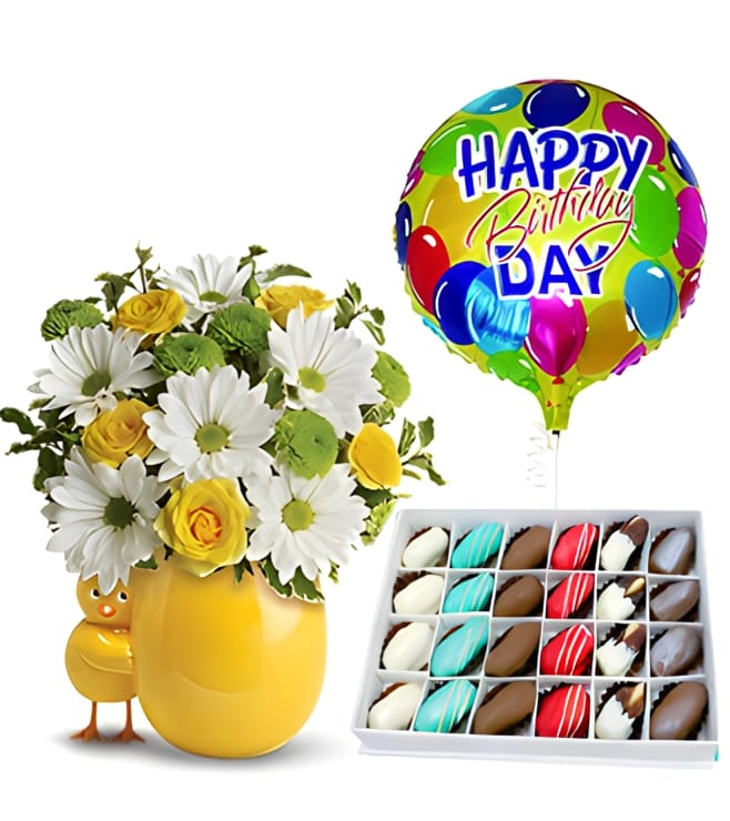 Sunny Birthday Surprise Collection with Decadent Dipped Dates Box and Balloon, Dates & Sweets
