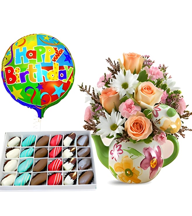 Teapot full of Blooms Birthday Bundle with Decadent Dipped Dates Box, Black Friday Deals