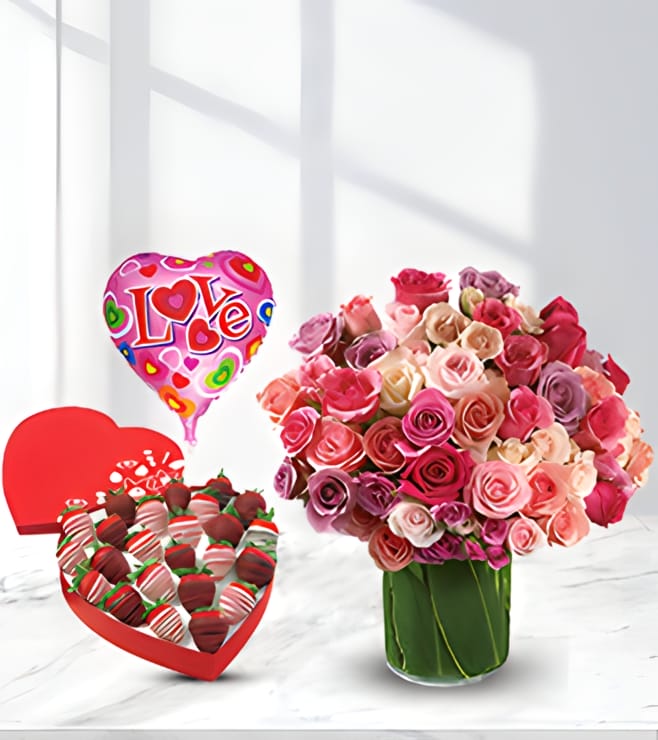 Celebrate Love - Rose Bouquet with Dipped Strawberry Heart Box and Balloons