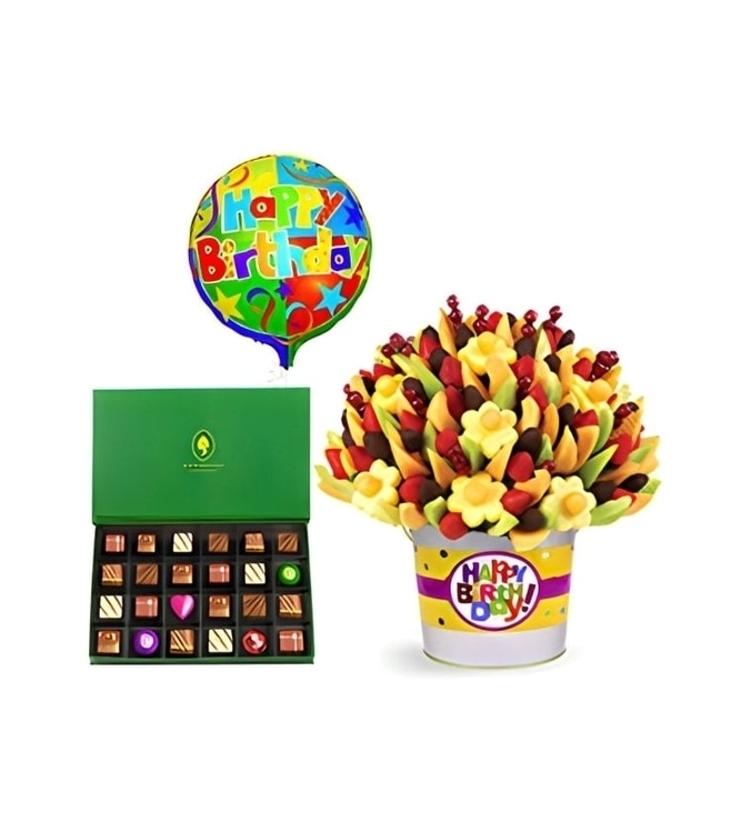Lusciously Grand Birthdays - Fruit Bouquet Pail with Balloon and Chocolates by Annabelle C
