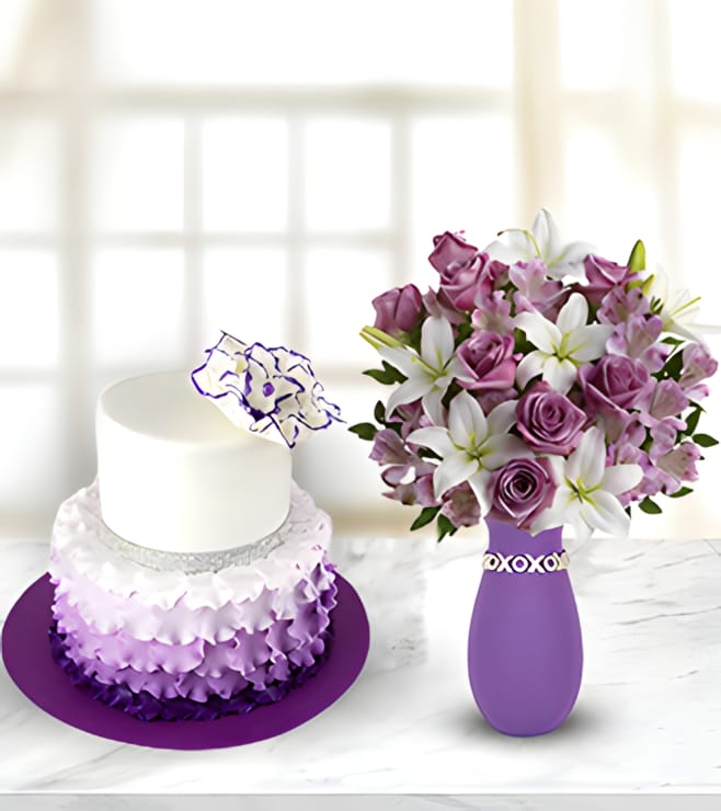 Endless Opulence - Rose and Lily Bouquet with Tiered Rosette Cake, Luxury Collection