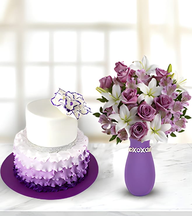 Endless Opulence - Rose and Lily Bouquet with Tiered Rosette Cake