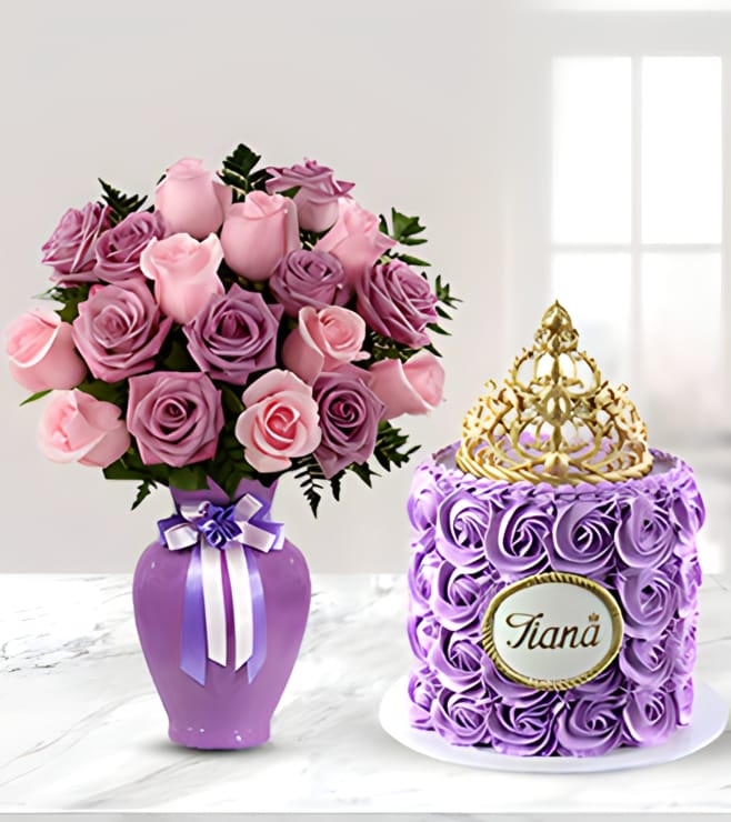 Lavender Queen - Lavender and Pink Rose Bouquet with Rosette Tiara Cake
