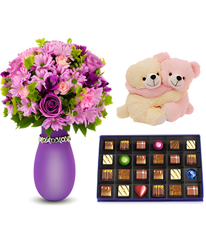 Isn't She Lovely Bouquet with Sinfully Delicious Chocolate Box & Snuggles Couple Bear