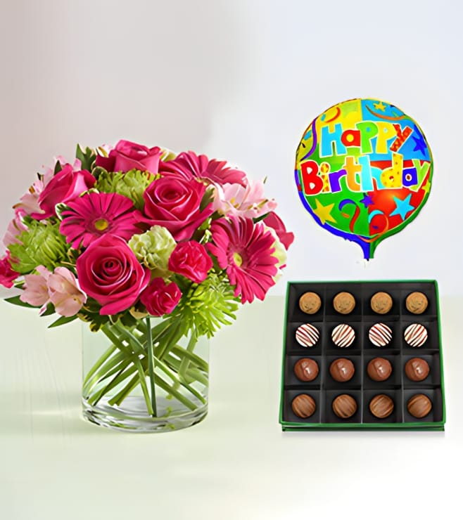 Pink Me Up Bouquet with Royal Heritage Truffles Box & Birthday Balloon