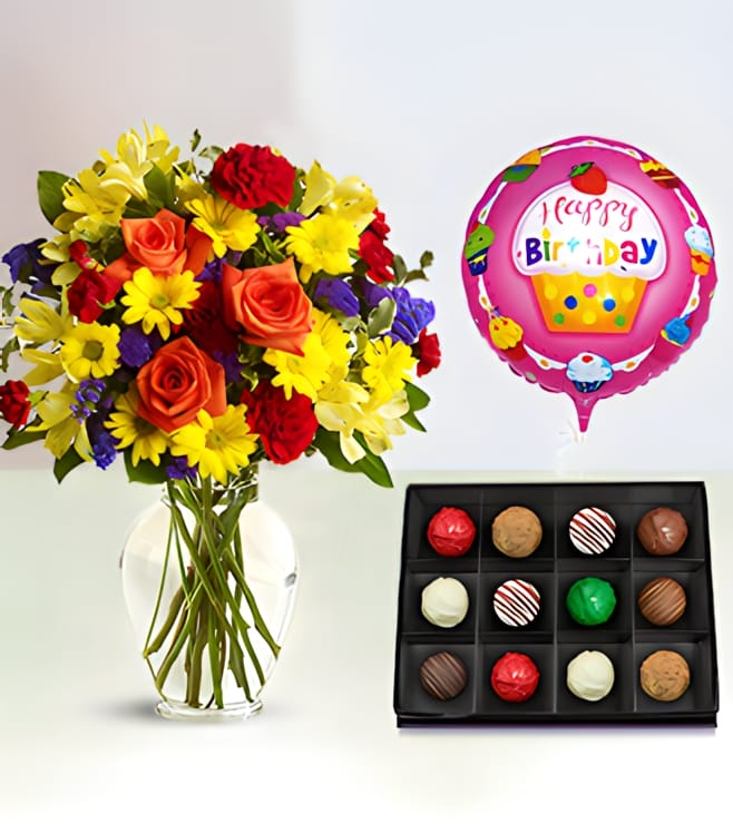 Fly Away Birthday Bouquet with The Continental Truffles Box & Birthday Balloon