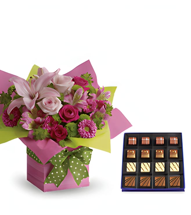 Pretty Pink Present Bouquet with Guilty Pleasures Chocolate Box, Deals & Discounts