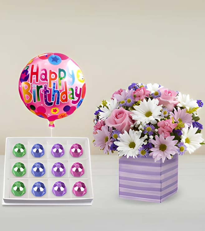 Purple Poetry Bouquet, Royal Offering Gemstone Chocolates & Birthday Balloon