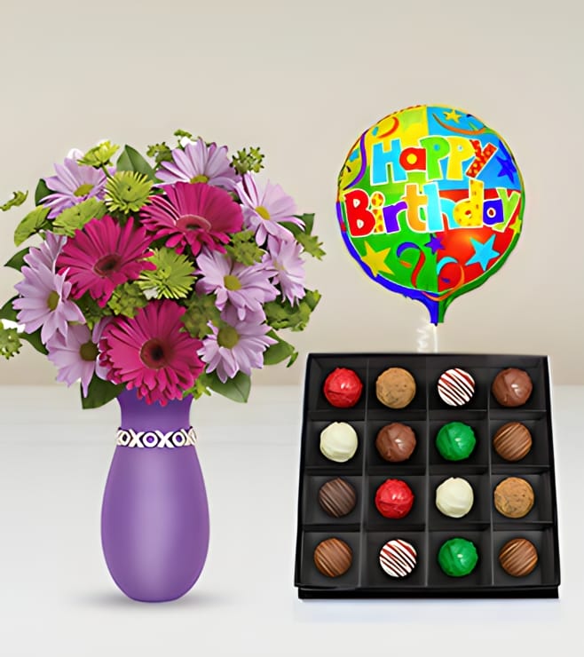 Thanks A Daisy Bouquet, Magnum Opus Truffles Box & Birthday Balloon