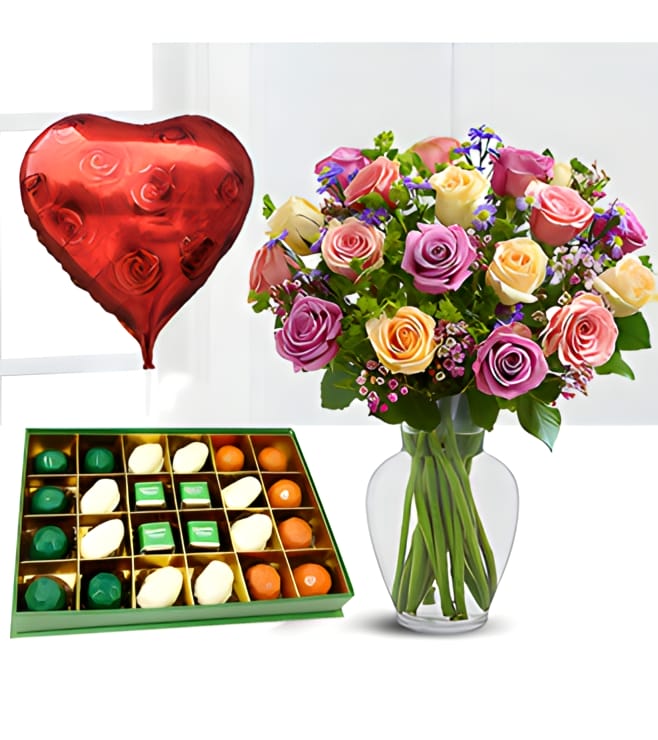 Rose Lovers Bouquet with Chocolate Dipped Date and Balloons