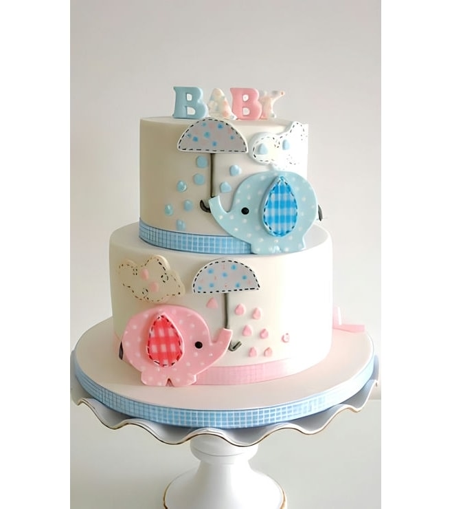 Pink & Blue Tiered Baby Elephants Cake