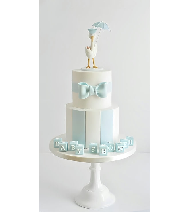 Baby Blue Two Tiered Stork Cake, Baby Shower Cakes