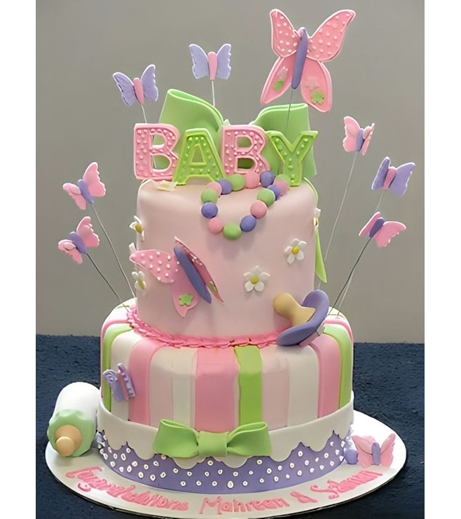 Pink & Blue Butterflies Tiered Cake