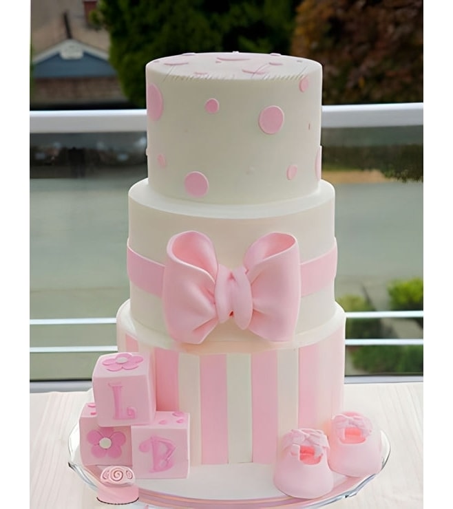 Centered Pink Bow Tiered Cake, Baby Shower Cakes