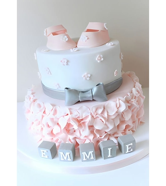 Two Tiered Baby Shoes & Flower Petals Cake