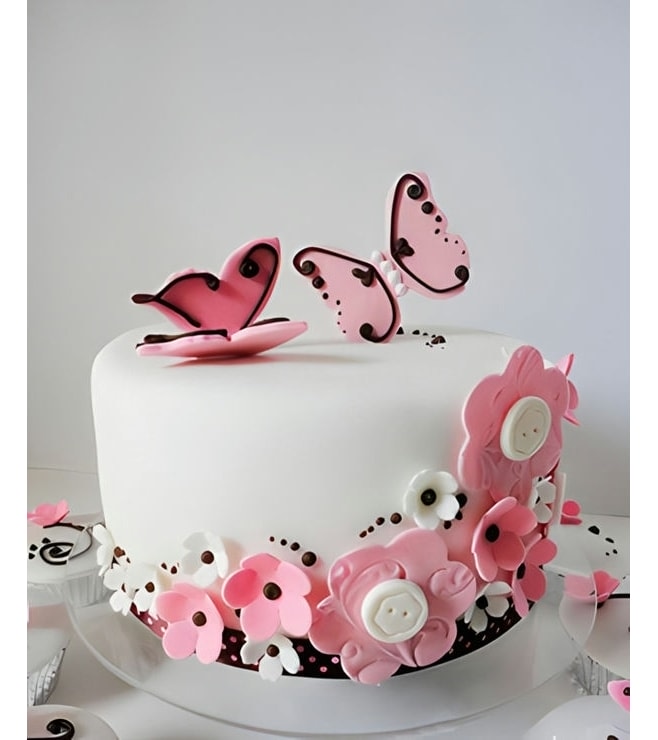 Pink Butterflies and Flowers  Cake