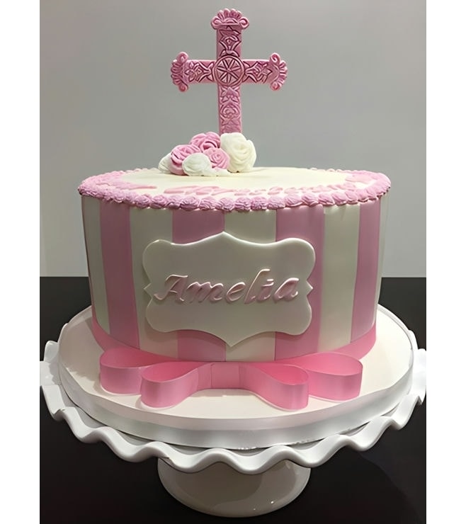 Pink Stripe Christening Cake, Christening Cakes