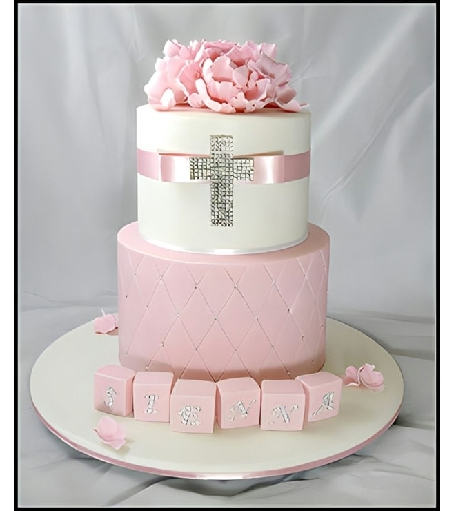 Pink and White Floral Christening Cake