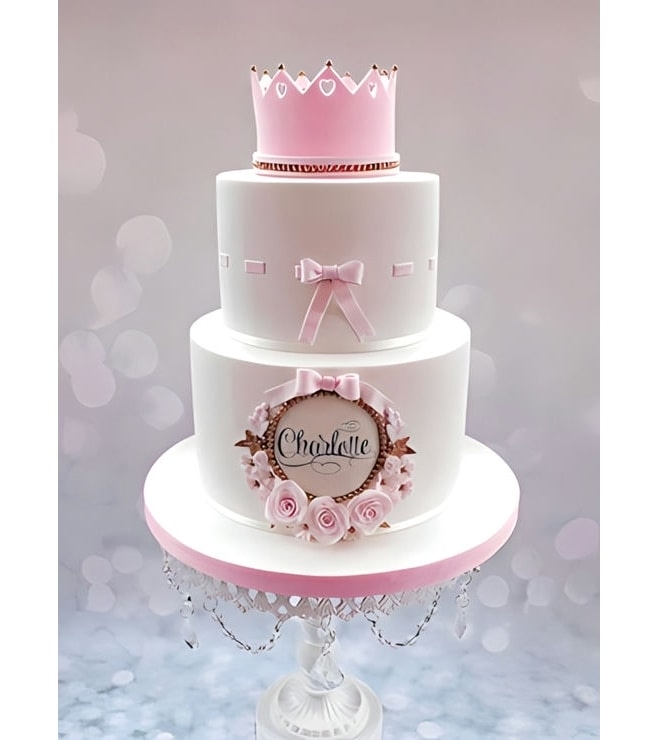 Pink Crown Tiered Christening Cake, Christening Cakes