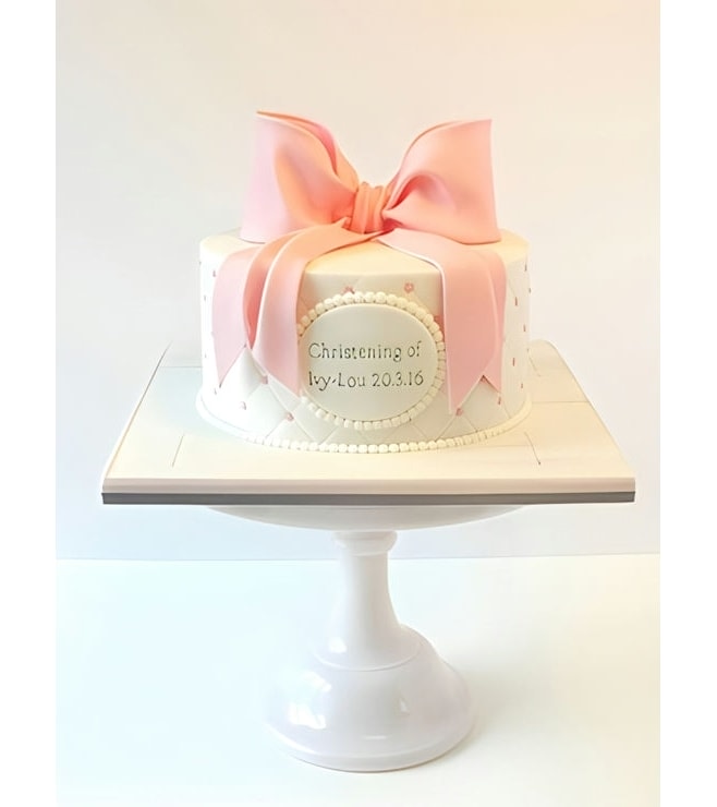Pink Flowing Bow Christening Cake